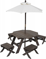 Детская садовая мебель: 4 скамьи, стол-пикник, зонт, цвет серо-синий (KidKraft, 20304) - миниатюра